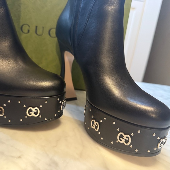 Gucci Janaya  Black Leather GG Stud Platform Booties 37 New in box - Picture 3 of 15